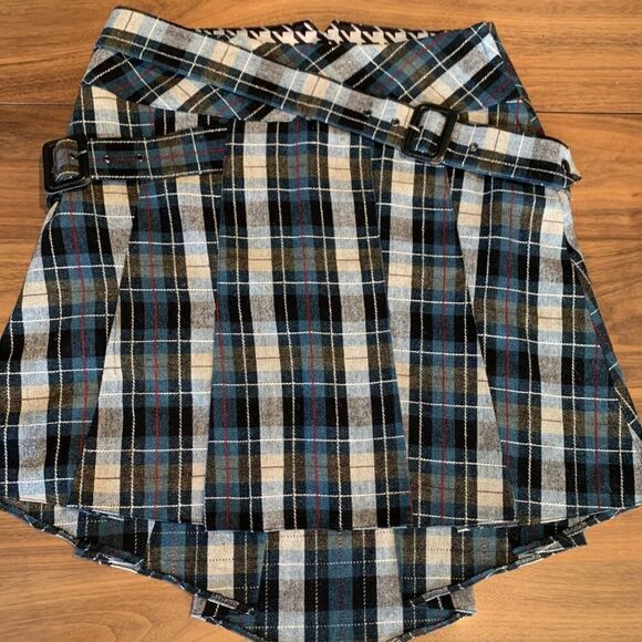 Skirt, plaid, kilt, high low hem, belted, sparkle lurex, EUC, sz Med, - Picture 2 of 15